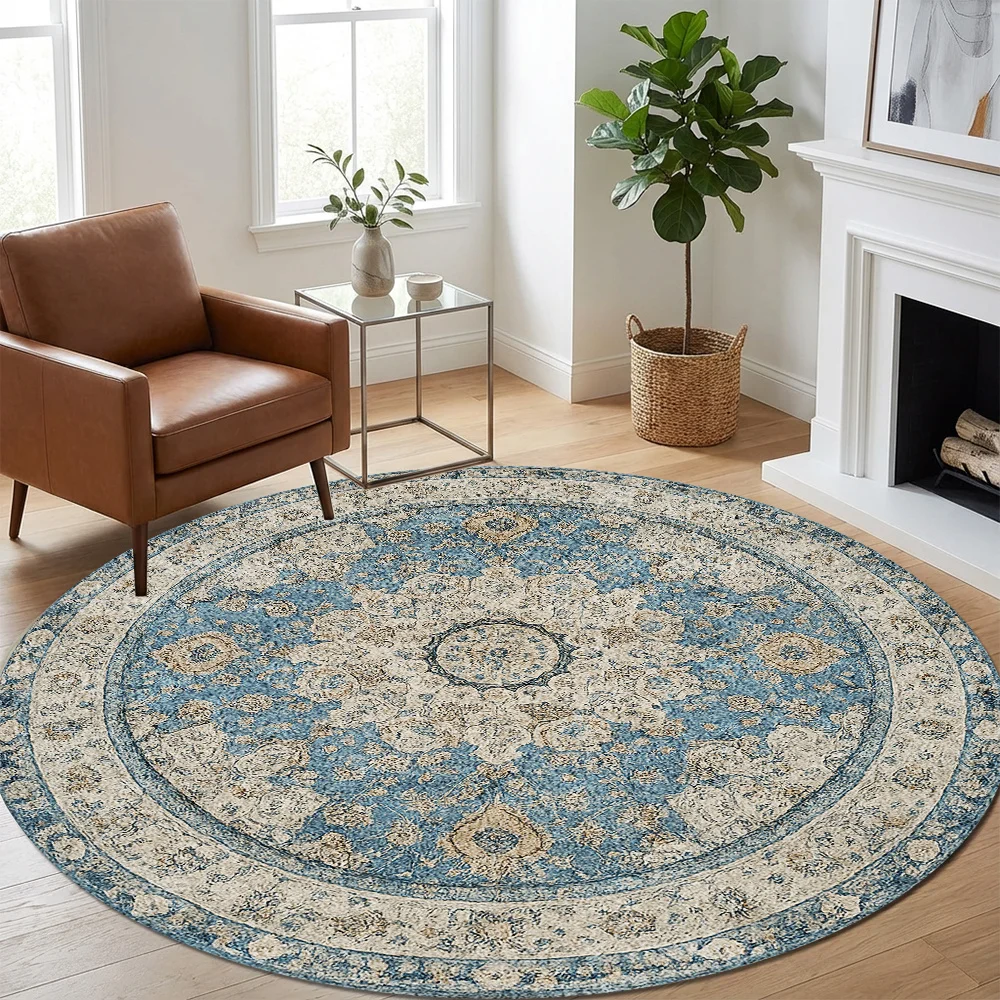 Vintage Oriental Floral Round Rug, Neutral Beige Rust Persian Circular Area Rug, Non-Slip Circle Mat for Bedroom Vanity Chair Living Room Balcony Decor