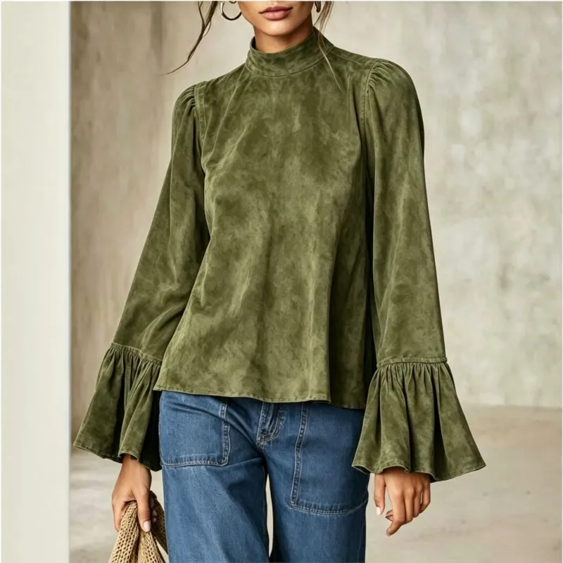 New Autumn And Winter Women's Blouses Casual High Neck Suede Vintage Fashion Loose Long Sleeved Top For Women Pullover Clothing