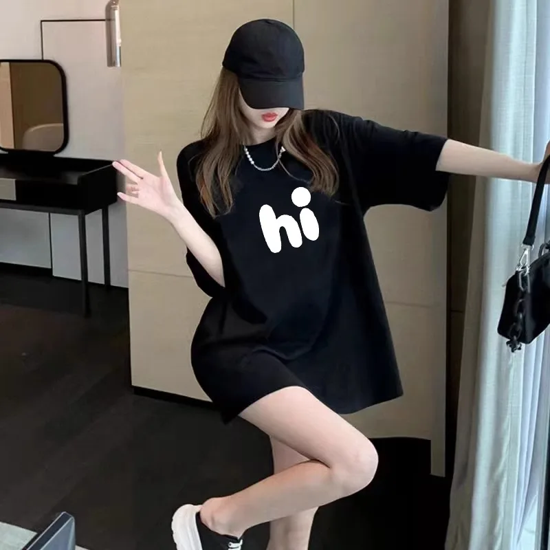 White Loose Cotton T-Shirt Women's Short Sleeve Mid-Length Butt Covering Large Size Half Sleeve Summer Pure Cotton Top