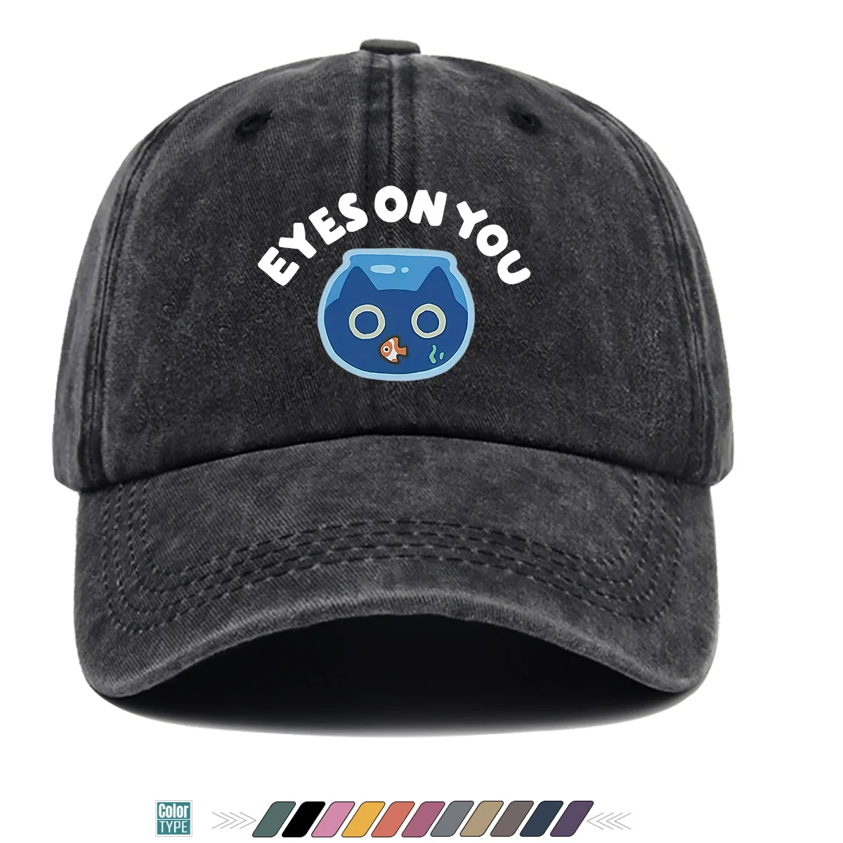 1pc Cat Shape Fish Tank Print Baseball Cap Funny Cartoon Sun Hat Blue And White Color Matching Fresh And Lovely Unisex Adjustabl