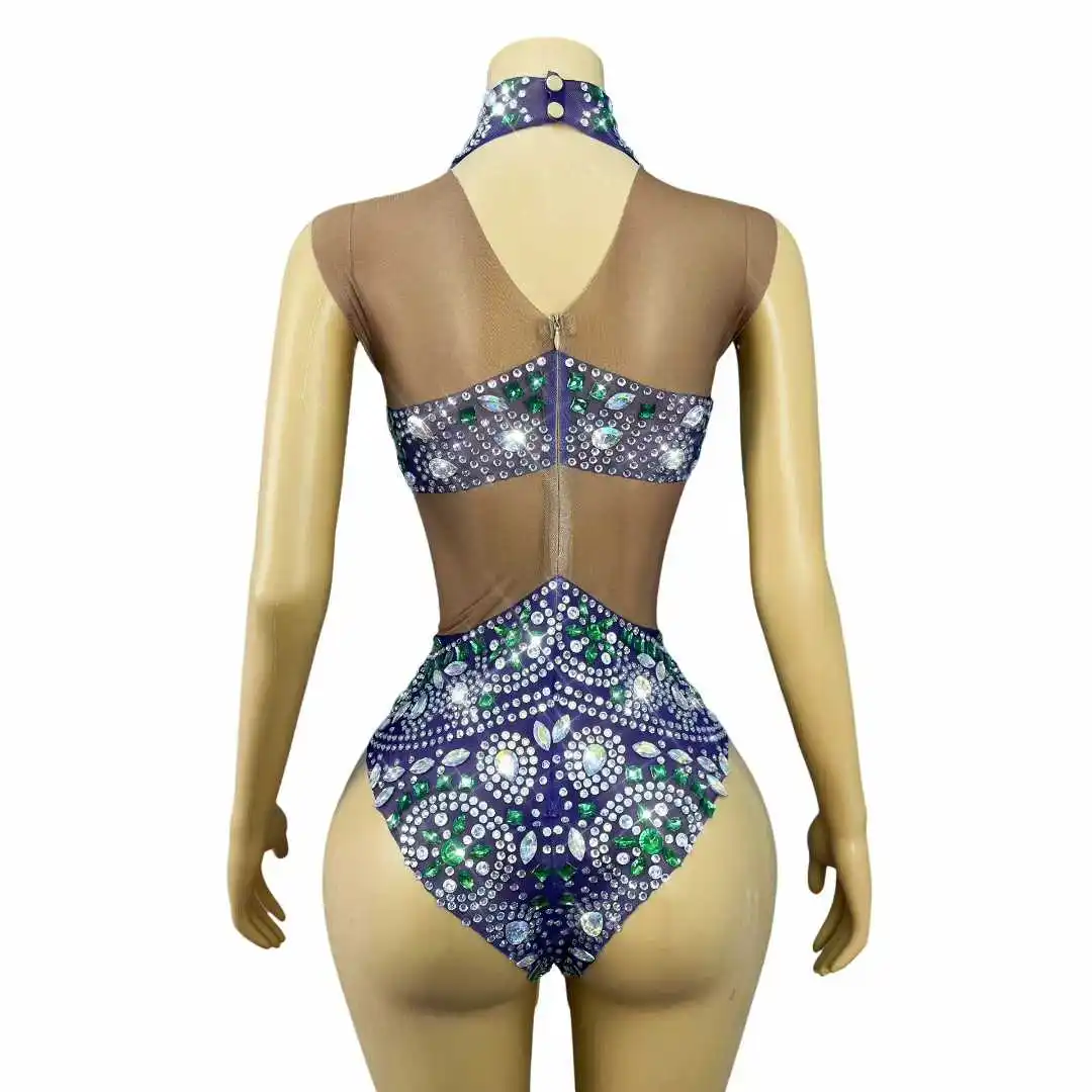 キラキラ輝くラインストーンのボディスーツ レディース セクシー メッシュ シースルー パフォーマンス ダンスコスチューム ダンサー ショー ステージ衣装