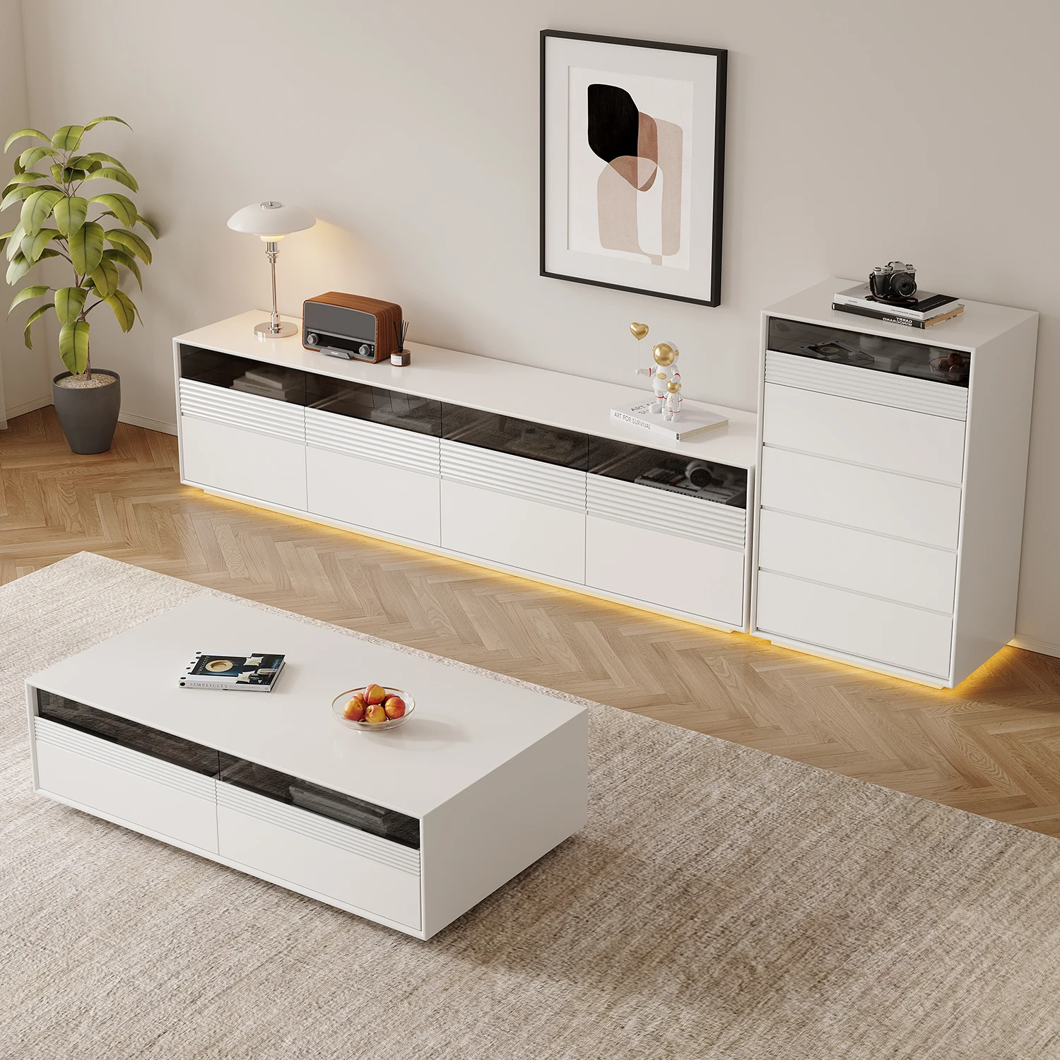 أرضية من الخشب الصلب النقي، خزانة تلفزيون بطبقة مزدوجة، طاولة قهوة لغرفة المعيشة، خزانة أرضية بلاطة صخرية كريمية للرياح #3