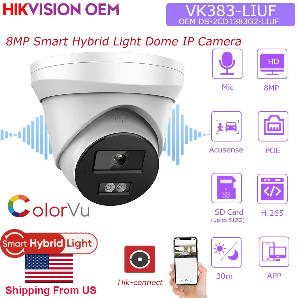 

OEM Hikvision 4K 8MP Smart Hybrid Light with Colorvu IP Camera Replace DS-2CD1383G2-LIUF Built-in Mic SD Card Shipping from us