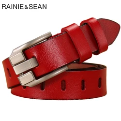 RAINIE SEAN-Cinturón rojo con hebilla para mujer, cinturones de cuero auténtico para pantalones vaqueros, piel de vaca auténtica, cinturón liso de alta calidad para mujer de 110cm