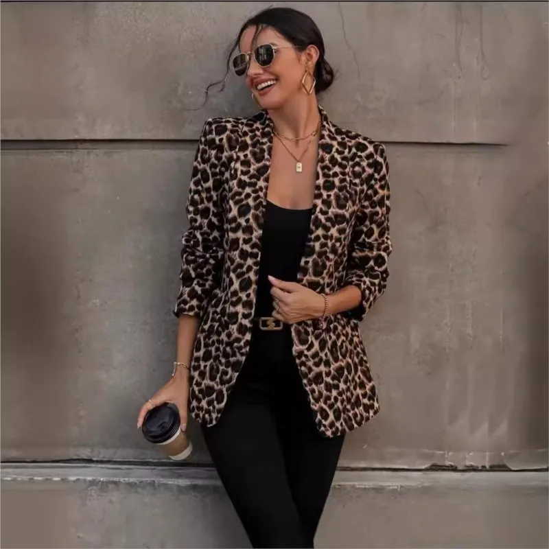 

Women's sports jacket 2025 spring/summer fashion lady office sexy button top leopard print suit jacket women's lapel outerwear