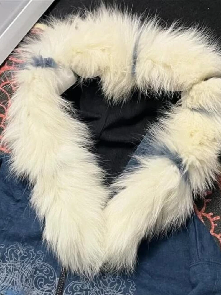 Americká retro Y2k Harajuku Spice Girls mikina s kapucí pro ženy volný dlouhý rukáv lebky kožešinový límec zip kabát vintage ležérní elegantní topy - náhled 3