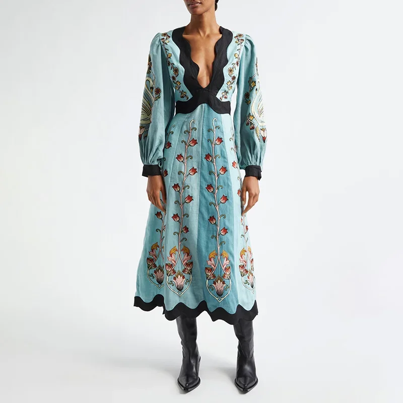 

Винтажное зеленое платье с цветочным принтом и v-образным вырезом, пышными рукавами, женские элегантные платья с открытой спиной, новинка 2025, весна-лето, уличная одежда для путешествий, халат