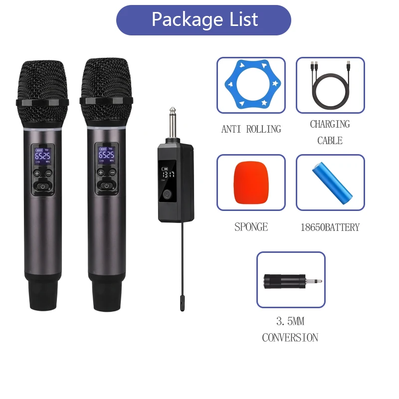 

UHF Wireless Microphone 2 Channel Handheld Dynamic Mic with Rechargeable Receiver, 50M Range, Plug and Play, for Karaoke Singing