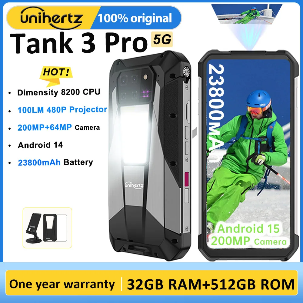Unihertz Tank 3 Pro 8849 Rugged Smartphone Android 5G with 100 Lumens Projector 32/36GB 512GB 23800mAh Waterproof 200MP Phones