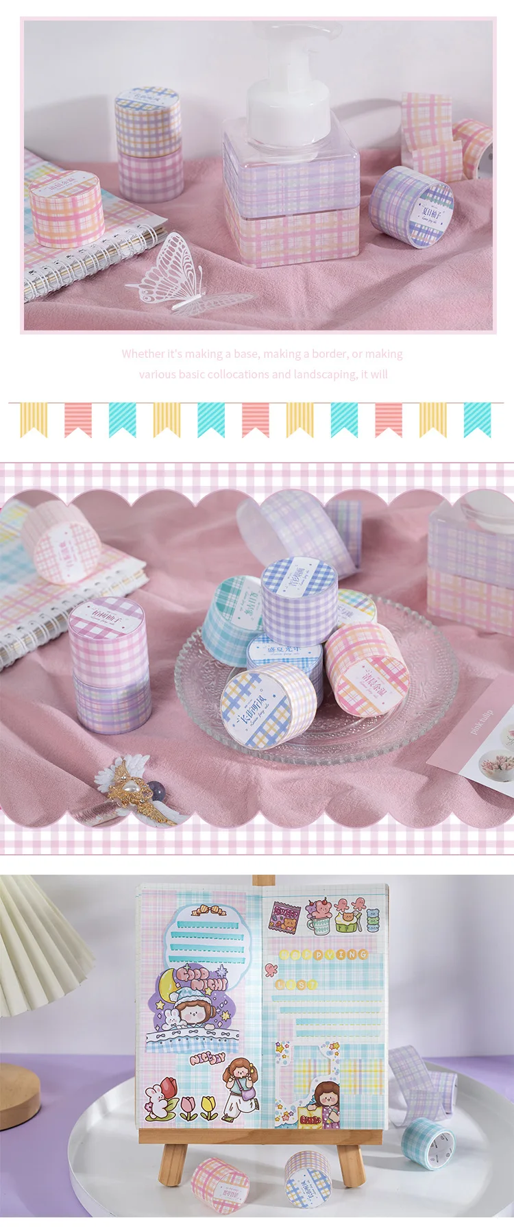 1 Rolle klassisches kariertes Washi-Tape, Märchenserie, süßes Raster, Basic-Scrapbook-Journaling-Material mit Trennpapier