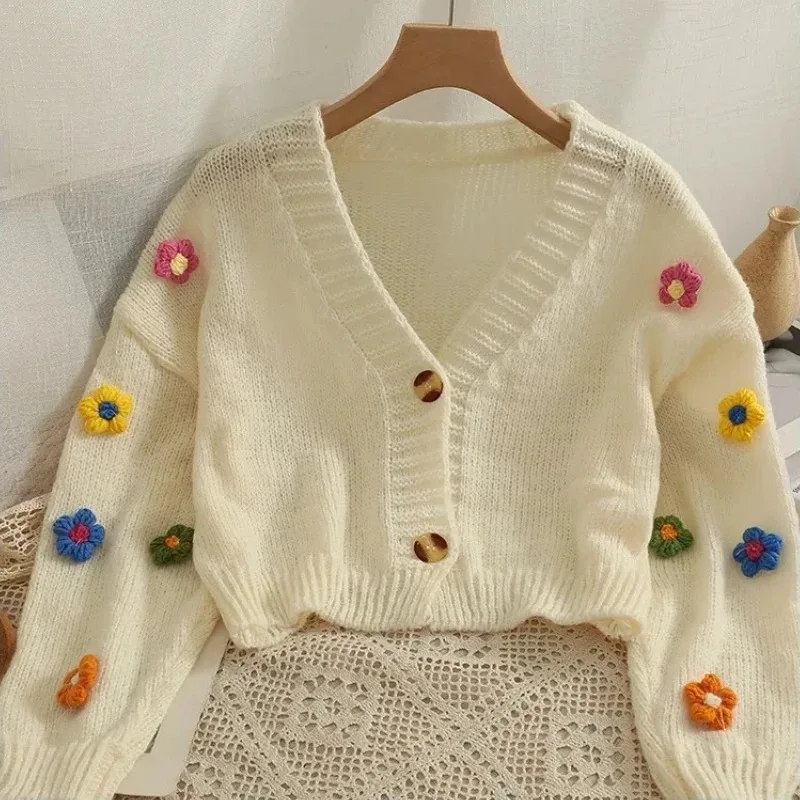 Neue Herbst Winter Bunte Applique Blume Strickjacke Für Frauen Mädchen Nette Weiche Strickwaren Lange V-ausschnitt Stricken Crop Pullover