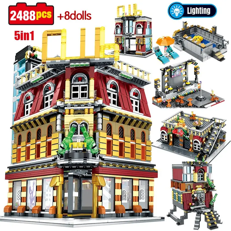 2488 Pcs 5 in 1 USB Light Nightclub House Building Blocks City Street View Figures Bricks Education Toys for Children Gifts