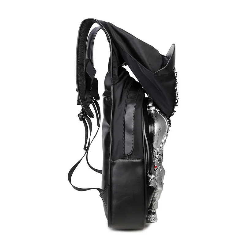 Large Capacity Men Cool 3D Skeleton Crown Punk Gothic Backpack Women Leather Shoulder School Bag With Hood Cap Travel