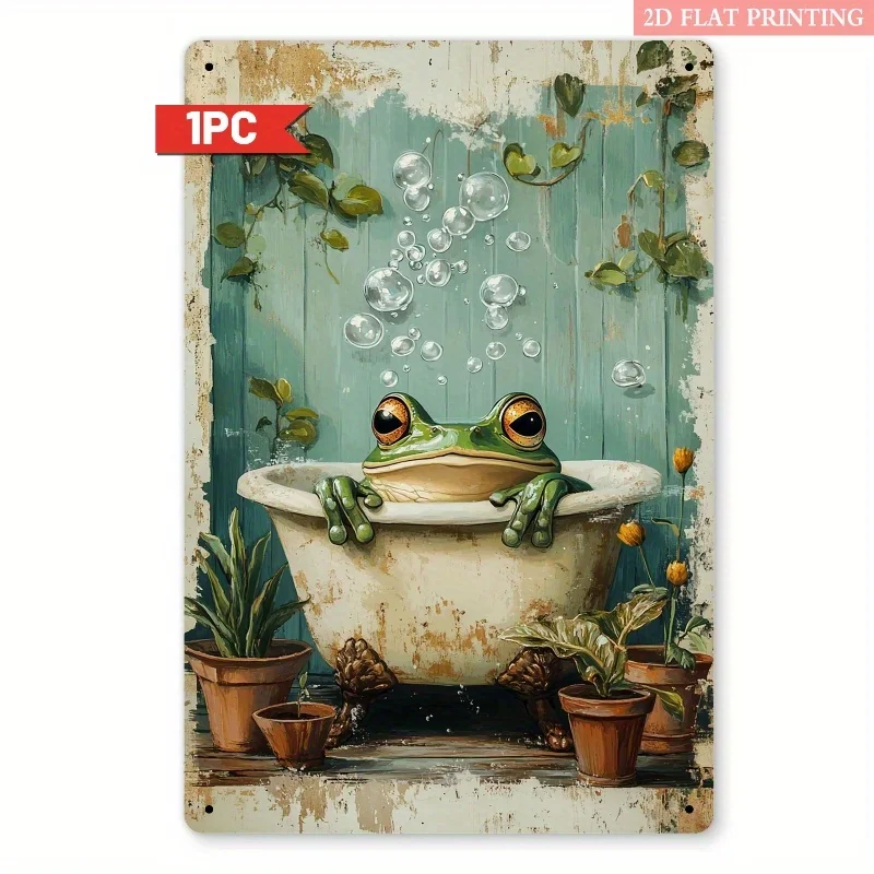 2D Flat, 1pc Vintage Iron Wall Art Sign - Whimsical Bathing Frog in Claw-Foot Tub with Bubbles & Plants, 8x12 Inch Rustic Metal