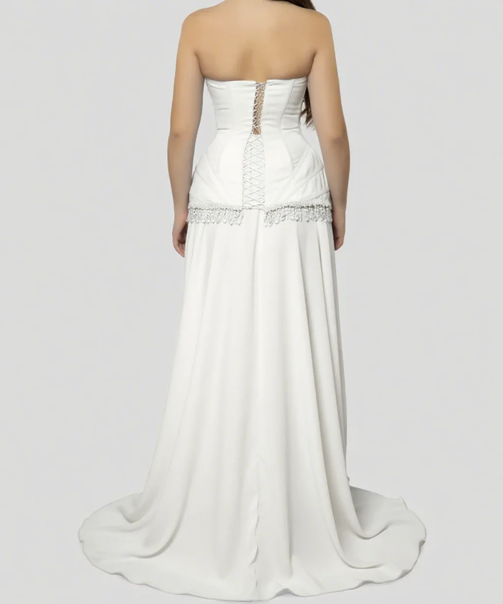 Vestido de baile de luxo sem alças sem mangas branco espartilho vestido de noite personalizado