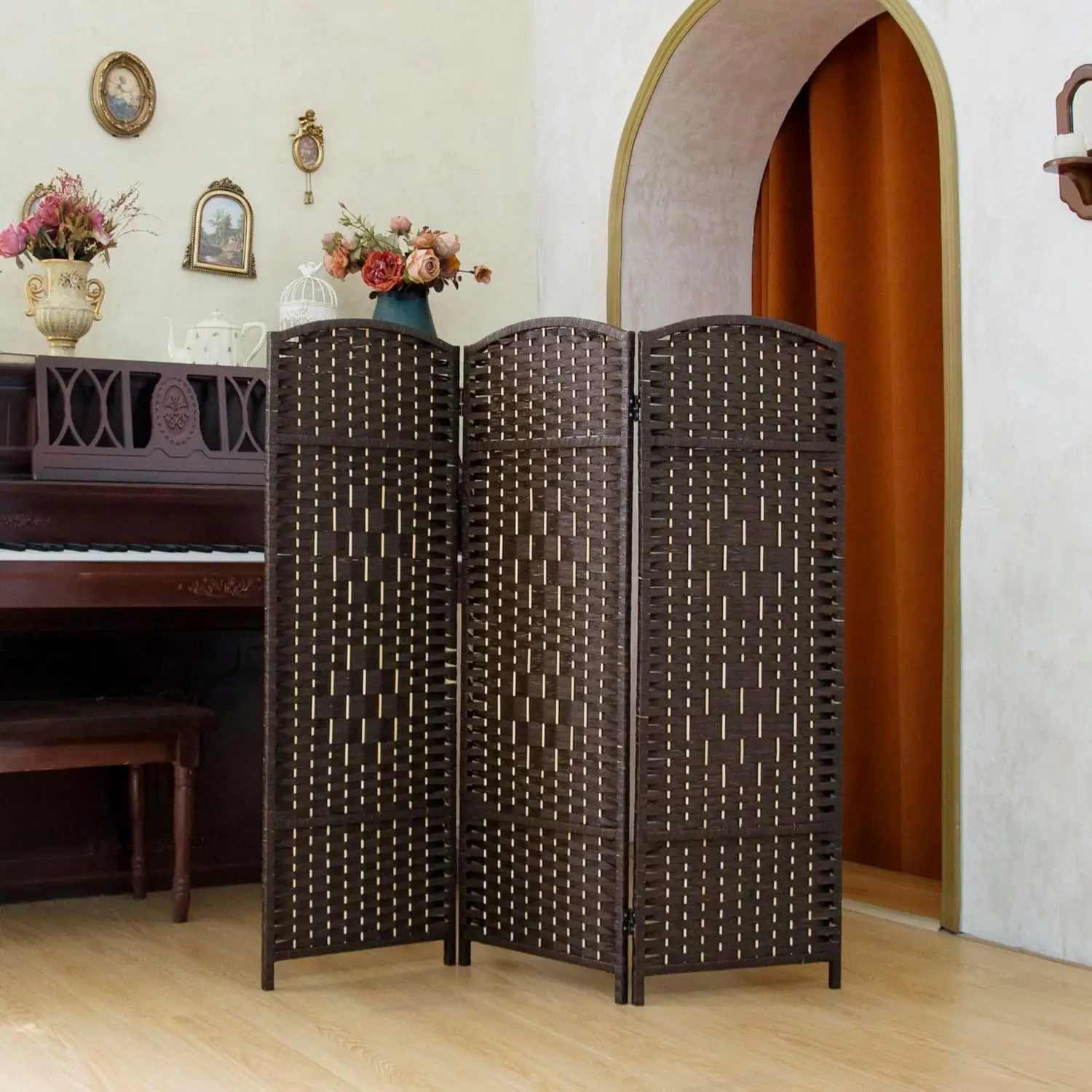 

Compact 3 Panel Short Room Divider, 47.2 Inch Tall Double-Sided Rattan Folding Screen for Home & Office,Dark Brown