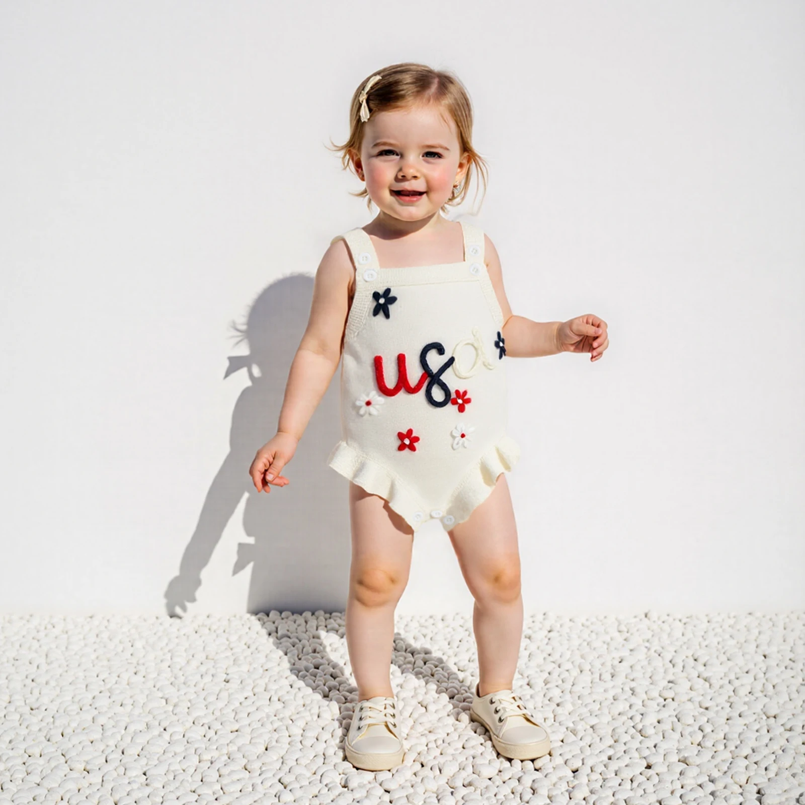 

Independence Day Outfits Baby Girl Knit Overalls Floral Letter Embroidery Square Neck Jumpsuit Bubble Bodysuit Newborn Clothes