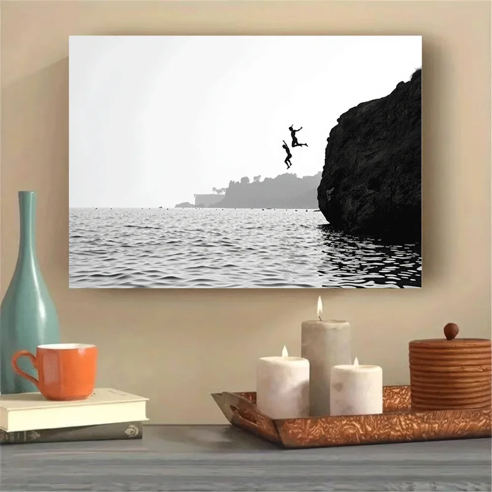 1PC-Canvas poster Unframed  Ocean Cliff Jumping Silhouette Black White Art Print  summer