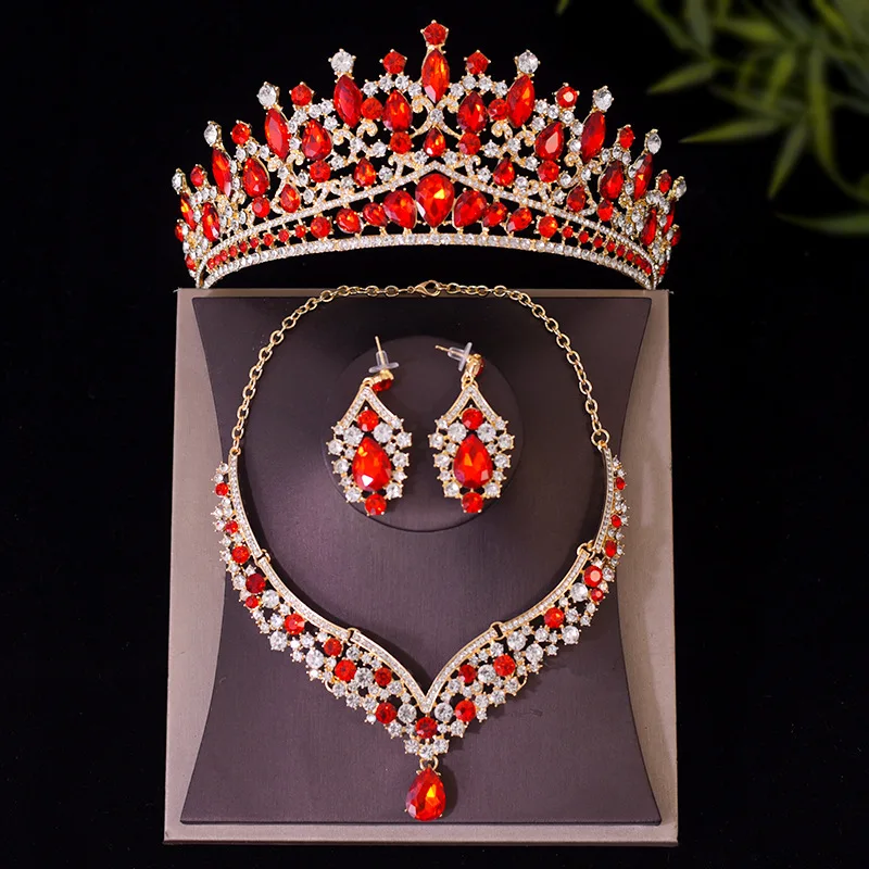 DIEZI 4 Style Elegant Bridal Crown Women Gilrs Wedding Princess Queen Korean Red Crystal Tiaras Necklace Earrings Jewelry Sets