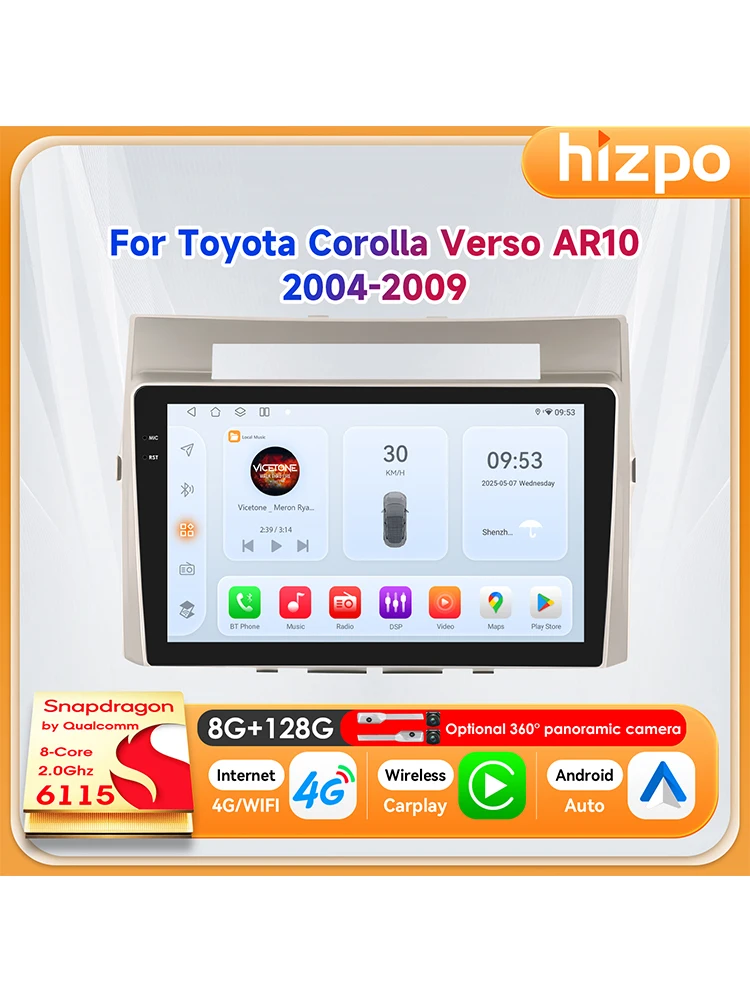 Hizpo 9" Smart Car Systemen voor Toyota Corolla Verso AR10 2004-2009 Carplay Android Auto Multimedia GPS 2din Autoradio Head Unit - afbeelding 2