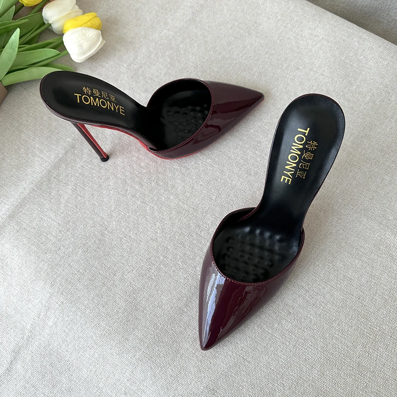 

New minimalist patent leather pointed thin heel high-heeled slippers, new sexy and versatile plus size women's singles shoes