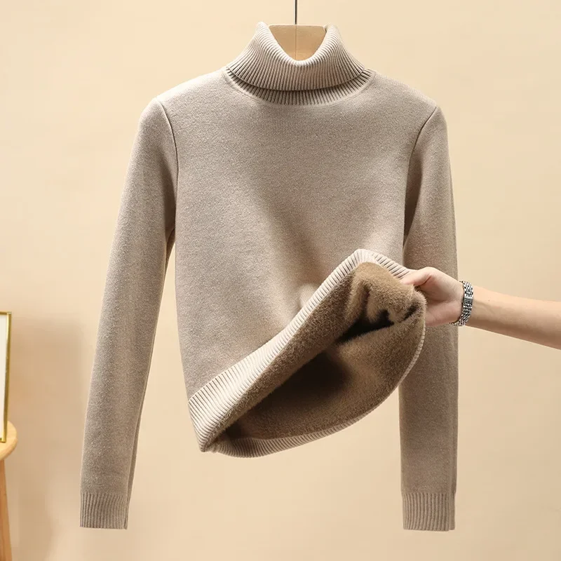 Turtleneck Sweater Women Tops 2024 Lined Warm Sweater Knitted Pullover Tops Autumn Winter Streetwear Jersey Knitwear Jumper