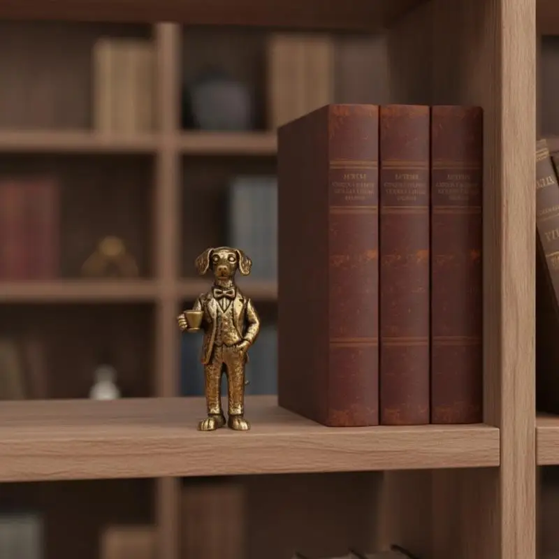 Handgefertigte Messingfigur eines Gentleman-Hundes mit charmantem Fliegenkragen, Teetrinkender Welpen-Statue für die Dekoration von Bücherregalen zu Hause, Kunsthandwerksgeschenk – Detail 13