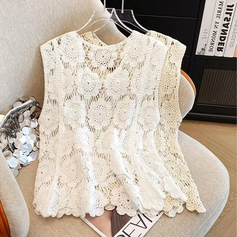 2025 Summer Hook Flower Hollow Blouse Sleeveless Knitted Tank Top Irregular Embroidery Women Shirt