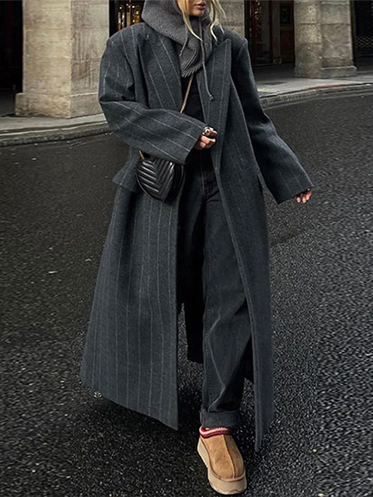 

Woolen Casual Striped Women Long Coats Elegant Lapel Long Sleeve Back Split Loose Jackets Autumn Chic Street Outwears