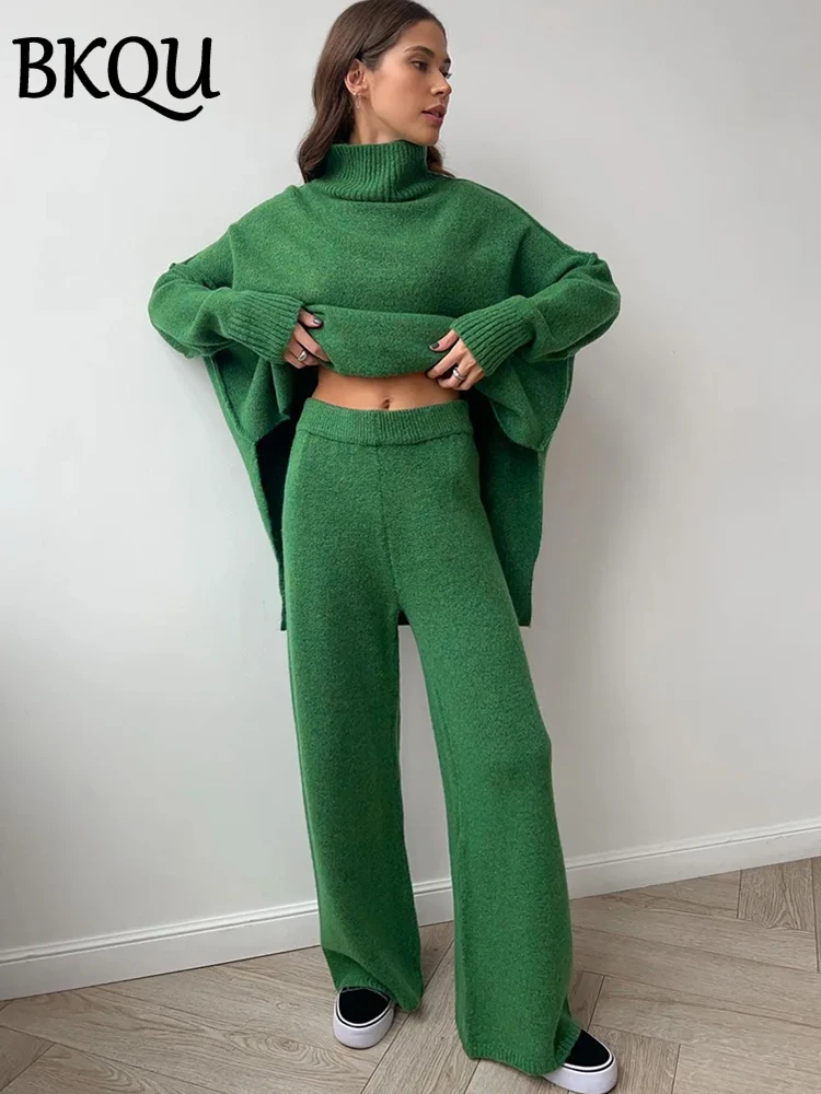 BKQU Knitted Sweater Two Piece Pants Set for Women Loose Warm Turtleneck Pullover and Straight Wide Leg Pants Matching Suit