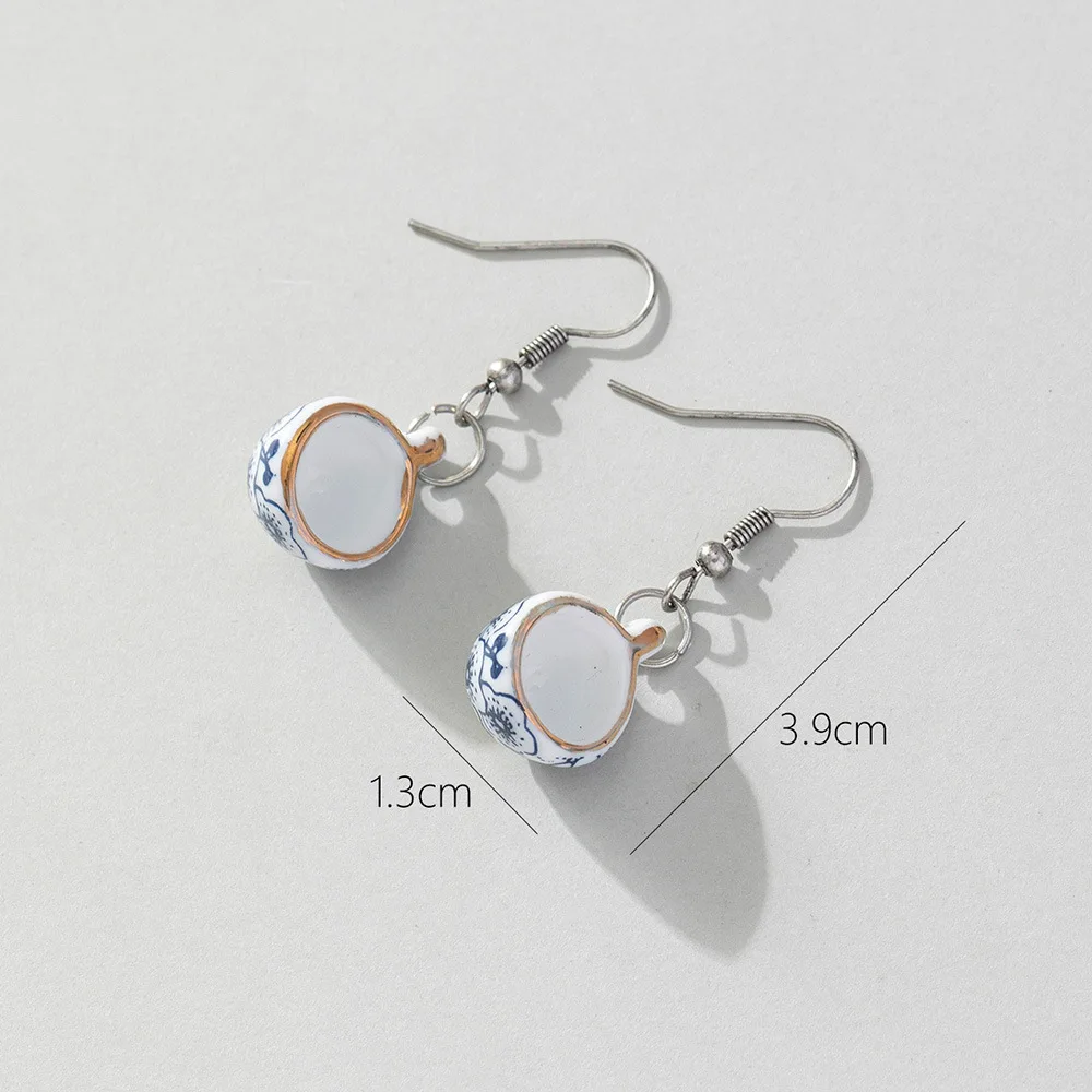 Retro Chinese Style Ceramic Porcelain Tea Cup Ear Hook Earrings Blue and White Creative Personalized Hand-painted Earrings