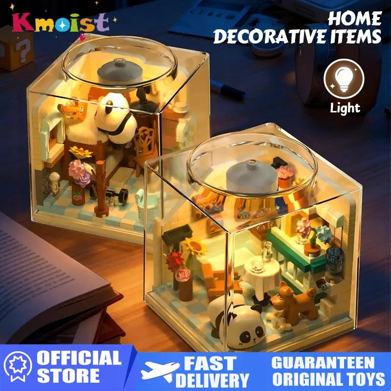 Panda Daily Life Micro Building Blocks Set with Transparent Display Dust Cover, DIY Miniature Scene Collection for Home Decor