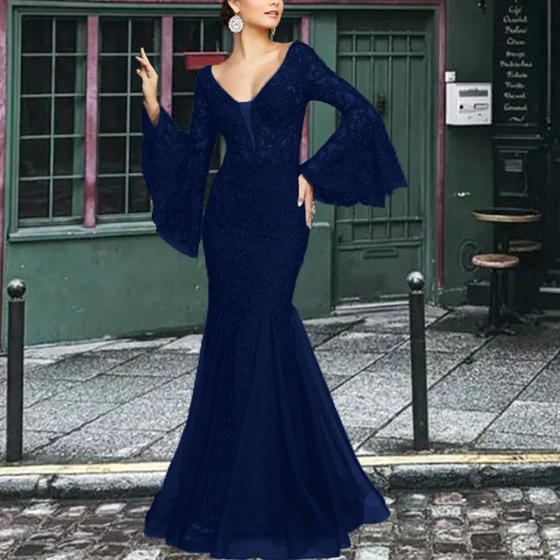 Novedad de verano, vestido de cola larga para mujer, vestido de noche ajustado Sexy elegante con cola de pez de encaje, adecuado para ocasiones especiales de graduación