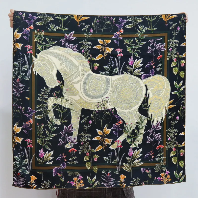 Horse Soft Mulberry Silk Scarf 90CM Twill Bandanas Manual Designer Neck Head Bag Shawls Roll Edge Handkerchief 90cm Scarves