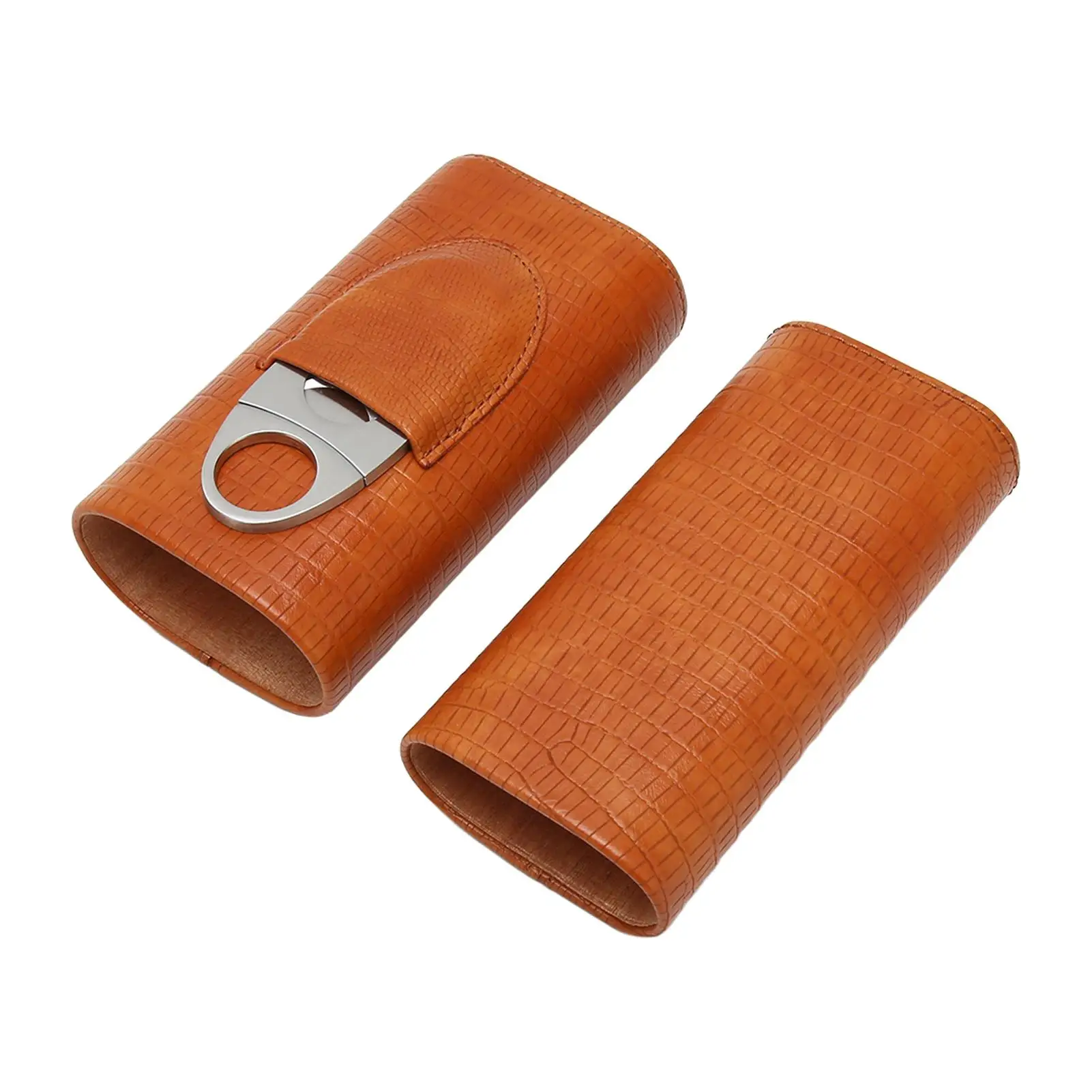 Portable 3 Finger Cigar Case - Cedar Lined Faux Leather Holder with Cutter for men - Brown