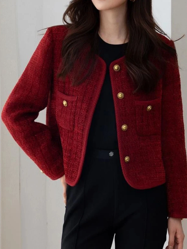 Wine Red Women\'s Jackets 2024 Autumn and Winter New  Metal Buckle Short Women Coat Korean Fashion Slim Elegant Tweed Jackets