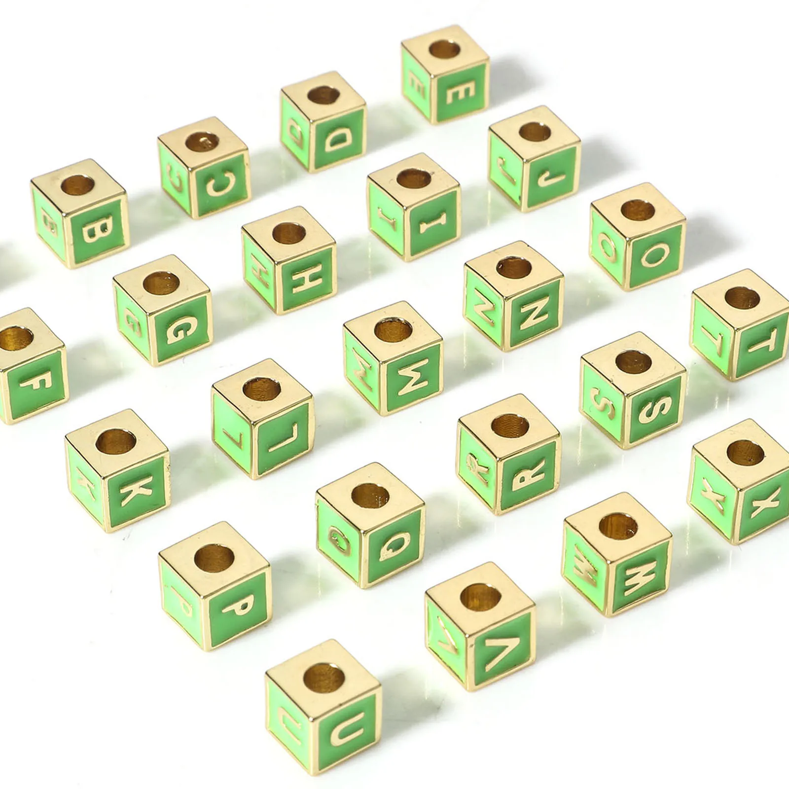 1pc 6x6mm Copper Beads Green Cube Capital Letter Enamel Message 