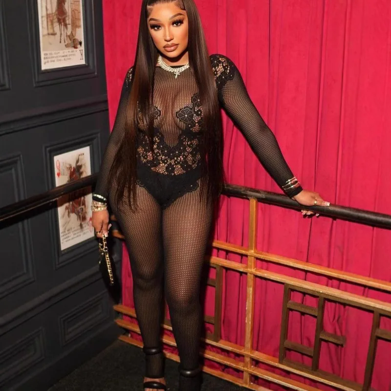 

Кружевной лоскутный прозрачный черный комбинезон, женский сексуальный обтягивающий комбинезон с длинными рукавами и открытой спиной, цельный комбинезон 2025, полночная клубная одежда