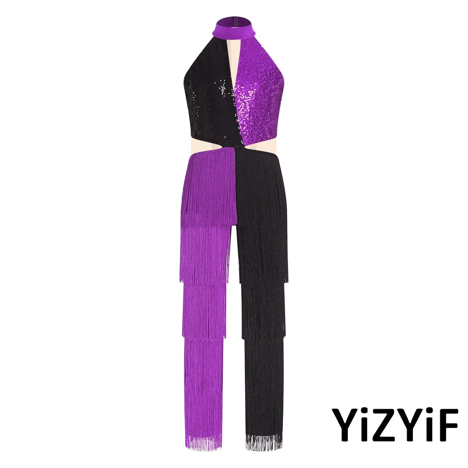 

Kids Girls Latin Dance Jumpsuit Halter Sleeveless Shiny Sequin Tassel Color Block Bodysuit Romper for Disco Jazz Dance Party