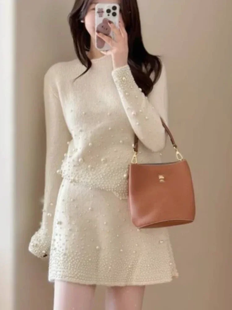 White European Pearl Knitwear Sweater Senior Sense Female Autumn Winter 2024 New Thickened Overlay Skirt Two-piece Set