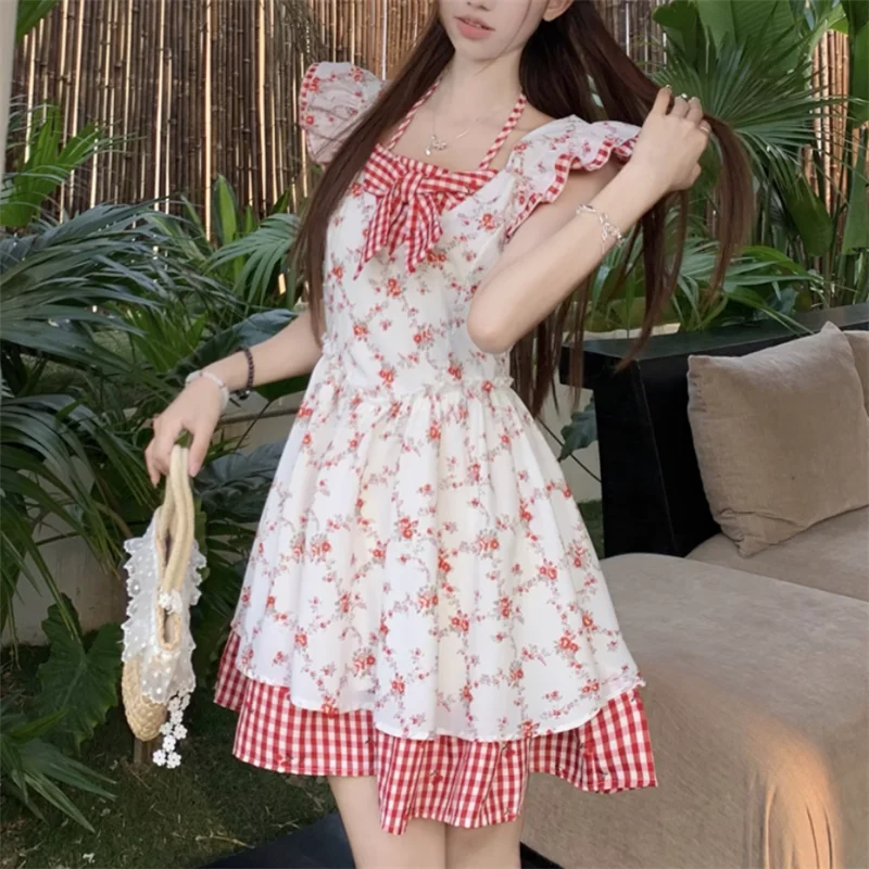 夏休み草原シックな花柄ショート A ラインドレスかわいいリボンパッチワークショートフライングスリーブホリデーシーサイドミニドレス