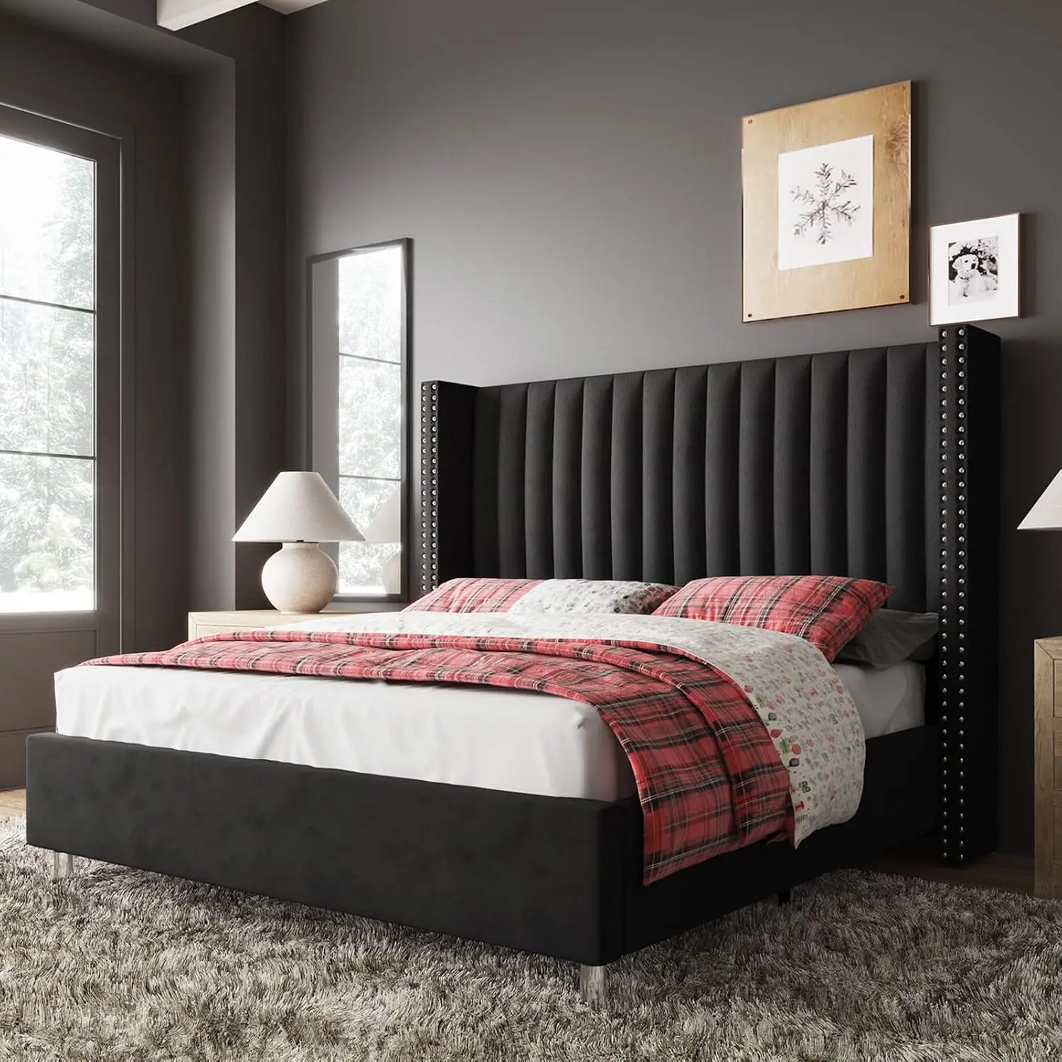 Velvet Wingback King Bed Frame with Upholstered Headboard Bedroom, Customized