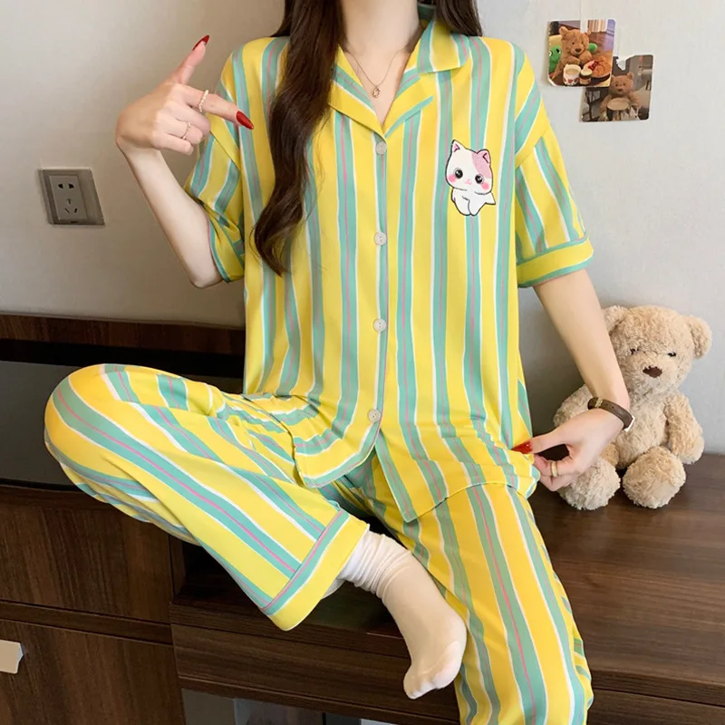 Summer Women's Hot Selling Short Sleeved Sleepwear Home Suit Set, Striped Loose Cardigan, Short Sleeved Pants Home Suit Set