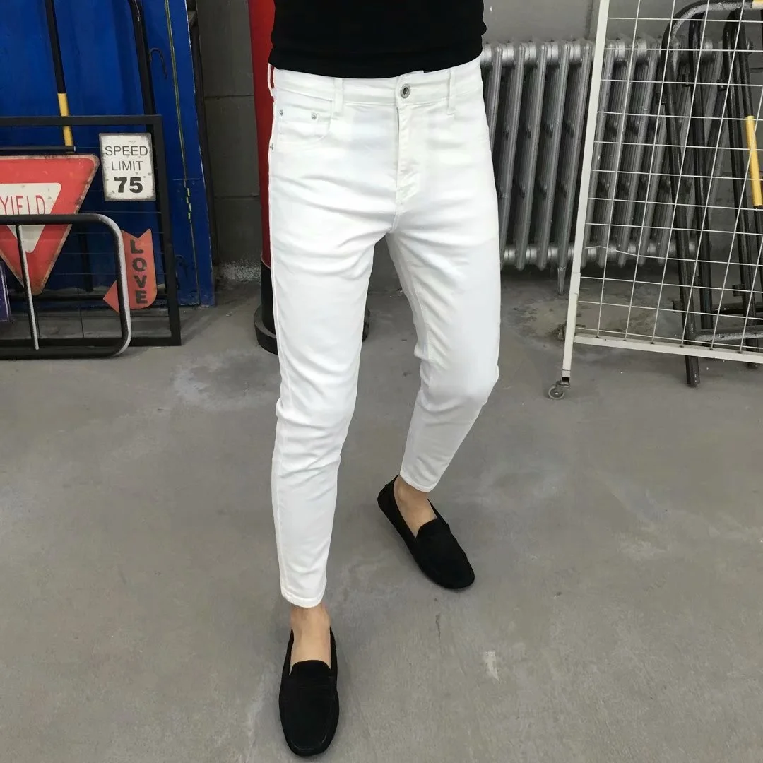 Men\'s White Black Casual Jeans Korean Fashion Soild Slim Straight Slim-fit Cropped Denim Pants Jeans For Men Clothing