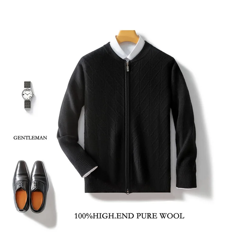Moda uomo 100% lana merino tinta unita cardigan con cerniera cashmere maniche lunghe moda morbido e confortevole abbigliamento caldo Top