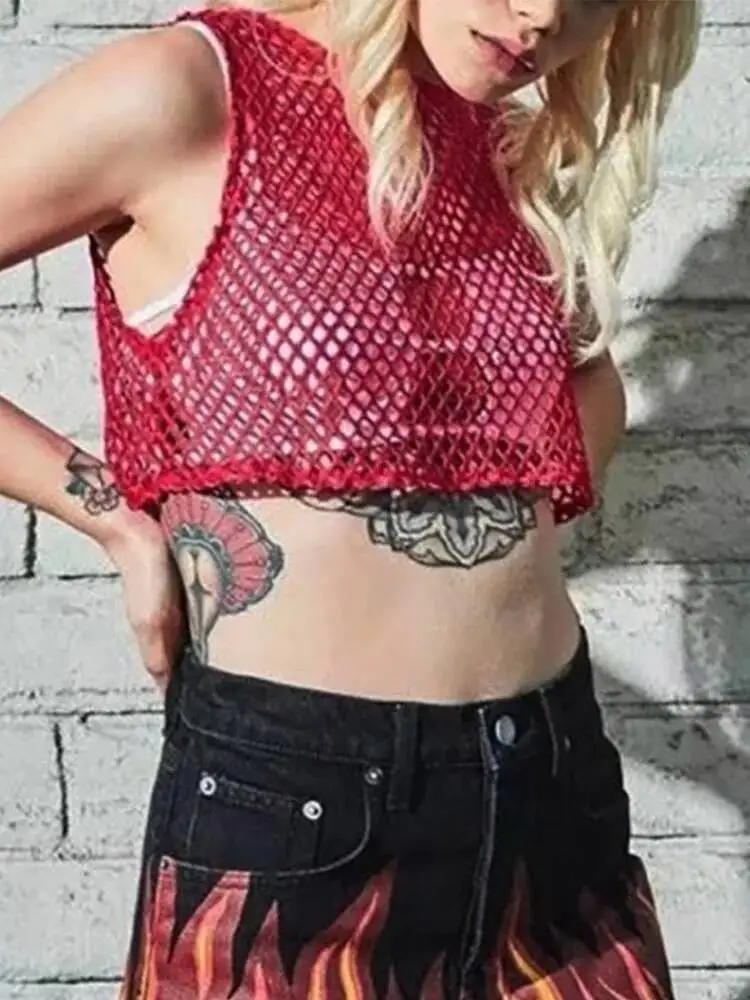 Sexy preto vermelho oco para fora colheita topo malha t camisa feminina solta moda verão básico topos para mulher fishnet camisa