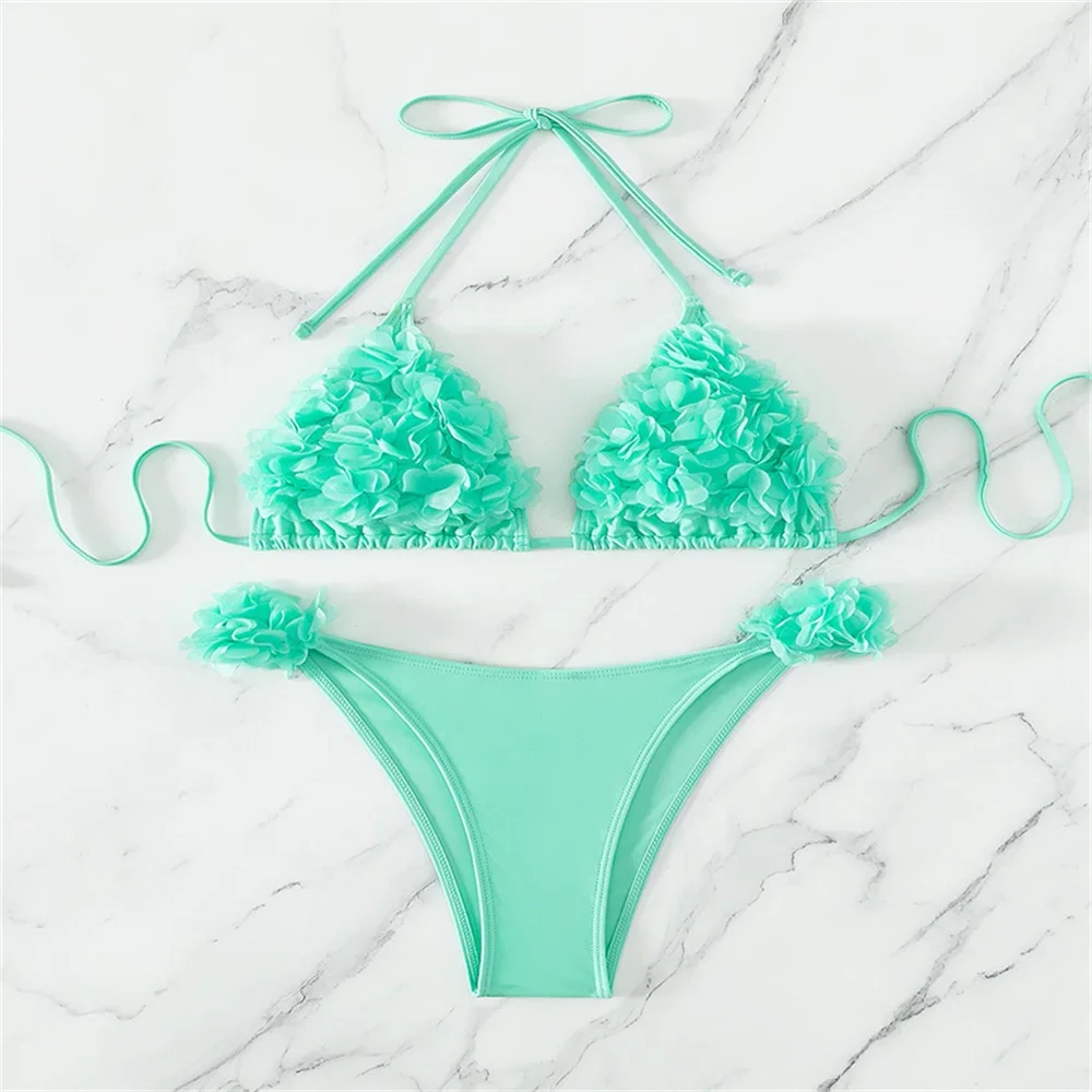 Set top bikini con fiori 3D Halter String Extreme Backless Y2K Costume da bagno push up Abiti da vacanza Costumi da bagno da donna Costume da bagno da spiaggia
