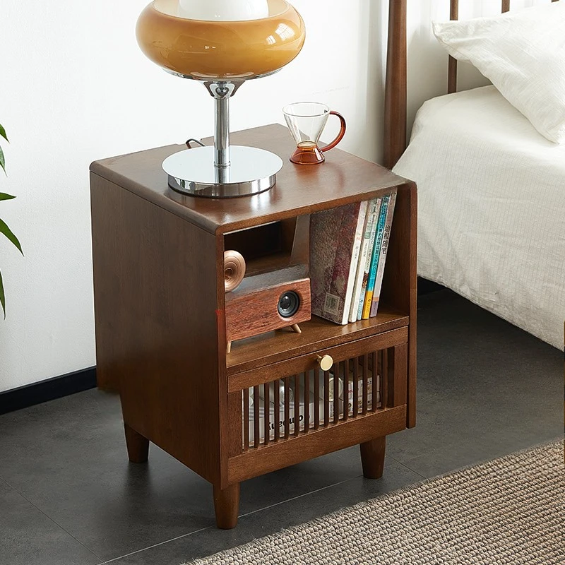 

Eco-Friendly Chinese Style Nightstand Hollow Carved Narrow Bedside Table with Storage Space-Saving Bedroom Nightstand