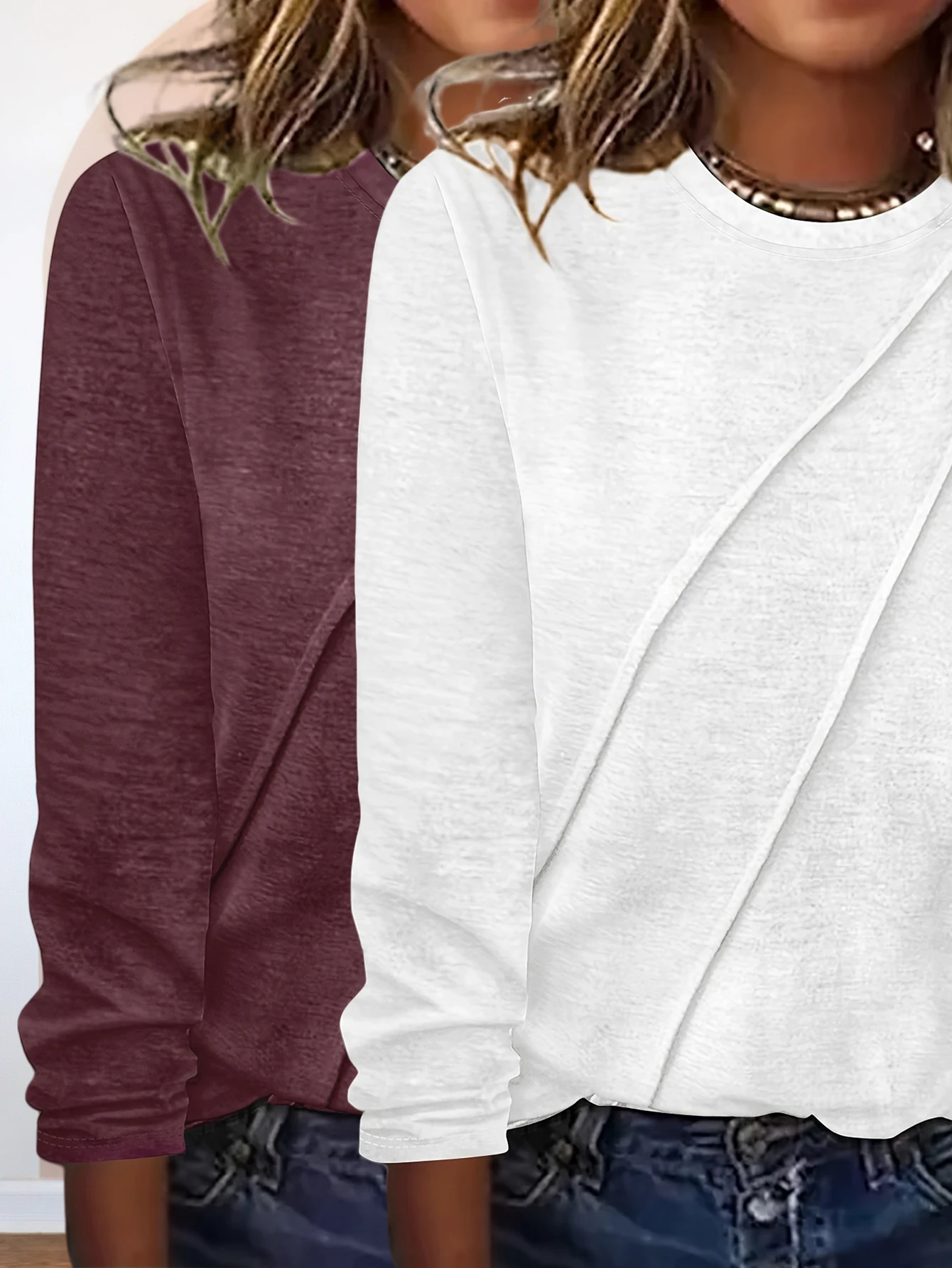 

A two-piece set of solid-color casual round-neck T-shirts that are popular in Europe and America for autumn and winter