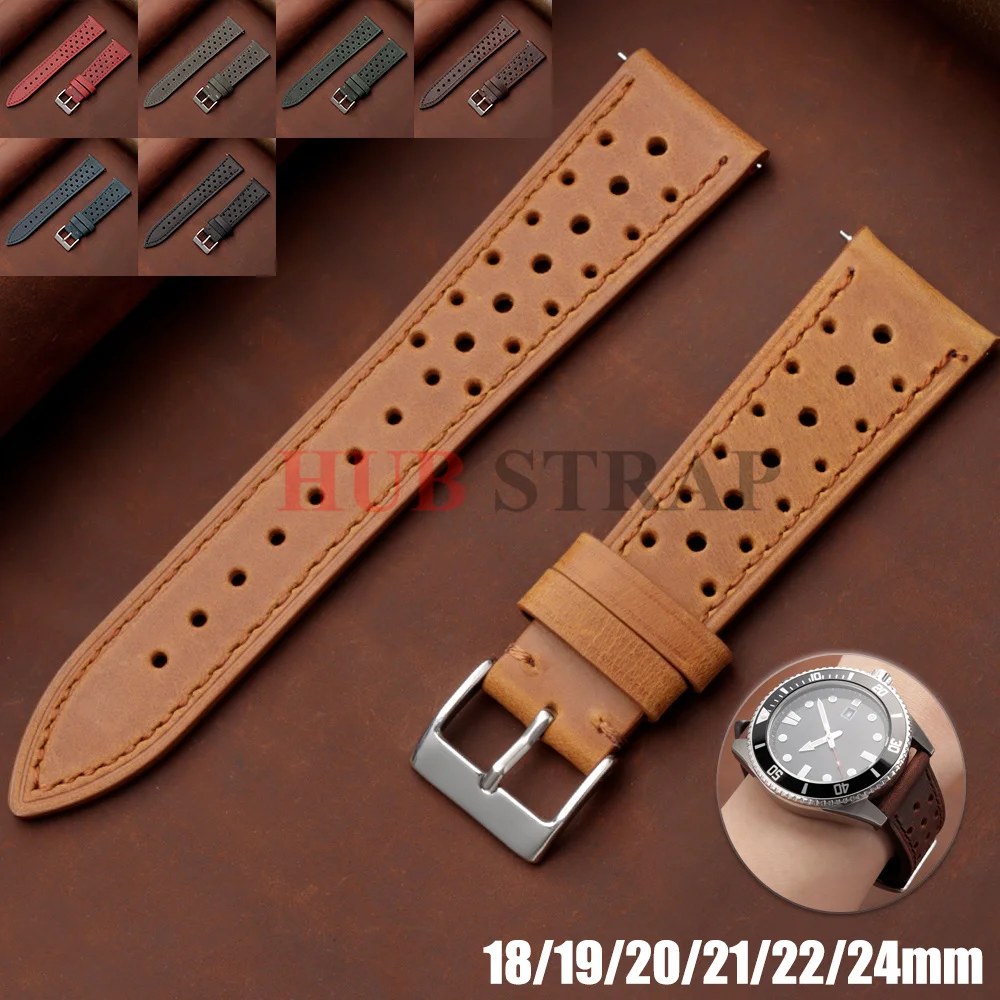 18mm 19mm 20mm 21mm 22mm 24mm Quick Release Watch Strap Brown Vintage Racing Leather Watch Strap Breathable Porous Watchbands